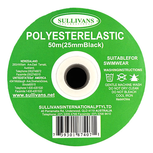 87407 Sullivans 25mm Polyester Elastic - 50m - Black