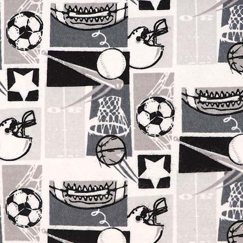 99766 Sullivans Flannelette Fabric - 108cm Wide - Grey Featuring Sporting Equipment And Balls