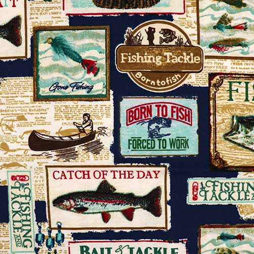 99775 Sullivans Flannelette Fabric - 108cm Wide - Blue With Fishing Badges