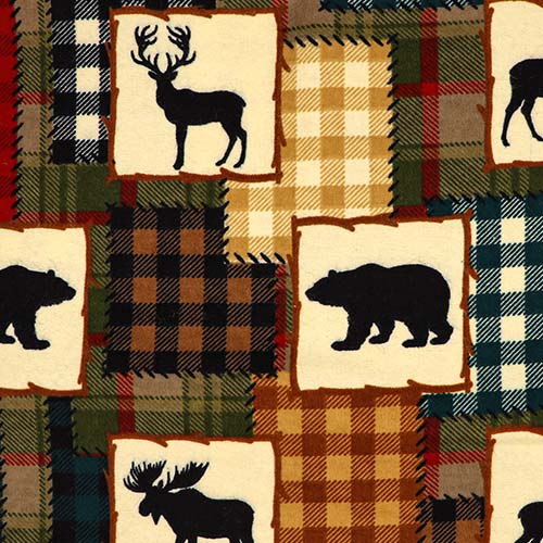99776 Sullivans Flannelette Fabric - 108cm Wide - Patchwork With Bear. Moose And Deer